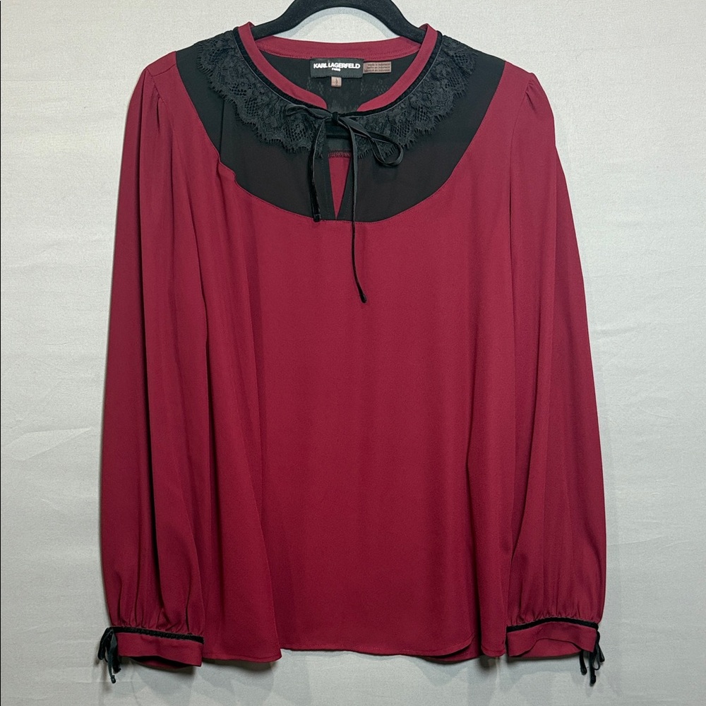 Karl Lagerfeld Paris‎ Lace Collar Blouse, Burgundy & Black, Women’s Size L